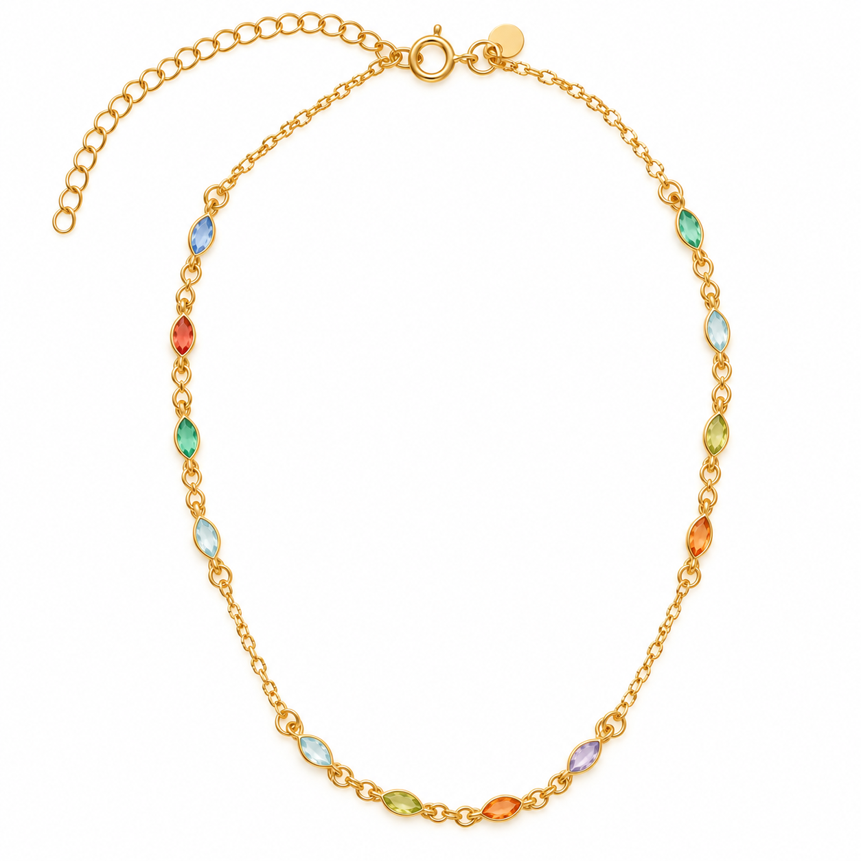 Colar Infantil Colorido Pedras Navete Banhada a Ouro 18k com Zircônias - 30 cm + 10 cm (Alongador)