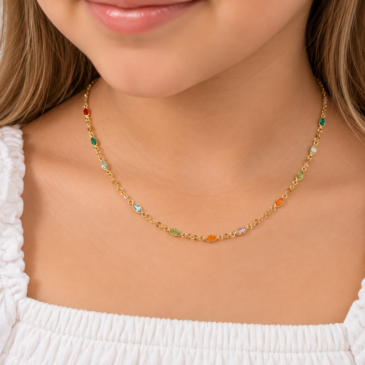 Colar Infantil Colorido Pedras Navete Banhada a Ouro 18k com Zircônias - 30 cm + 10 cm (Alongador)