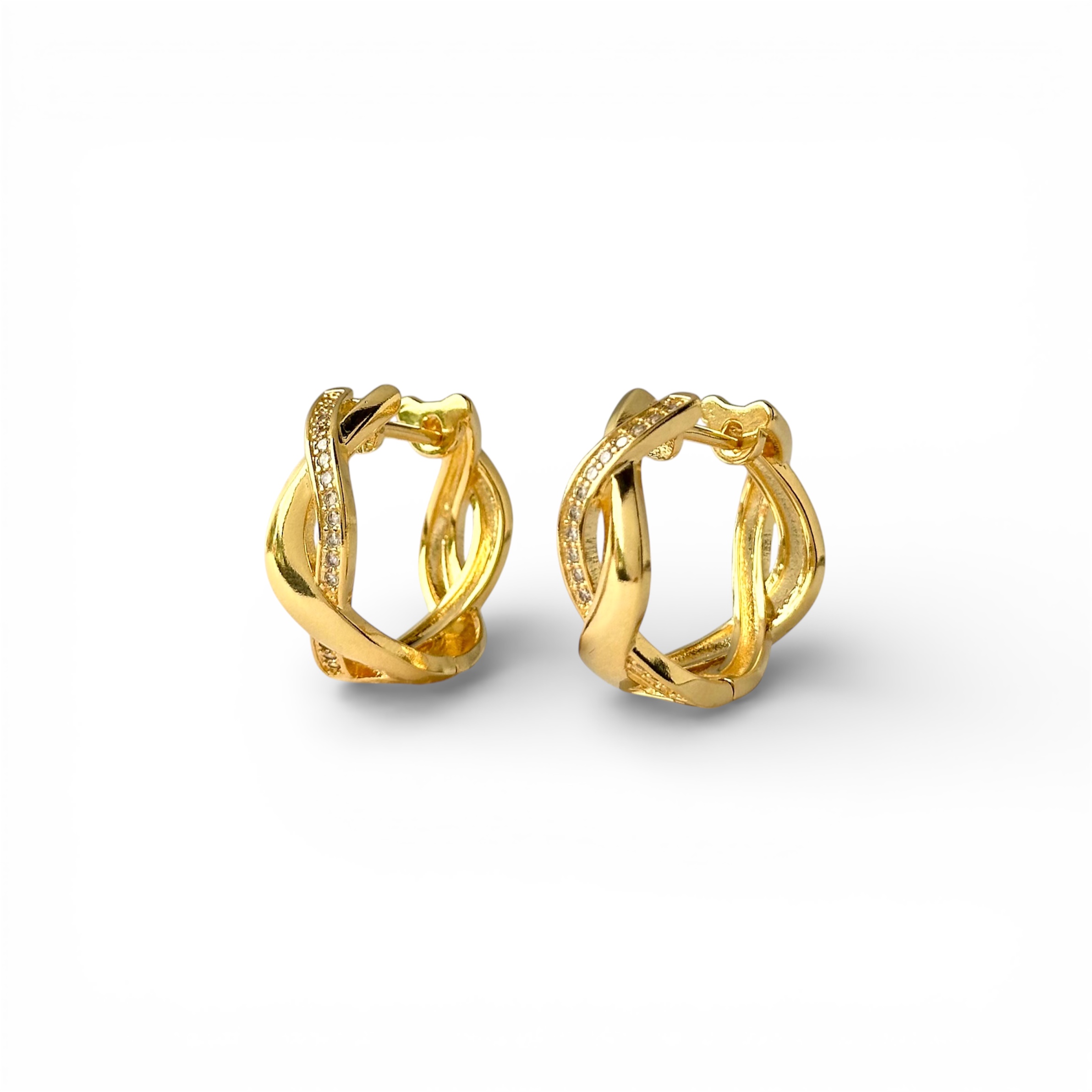 Brinco Exclusivo Maximalista Argola Click Trançada Banhado a Ouro 18k com Zircônias - 2cm