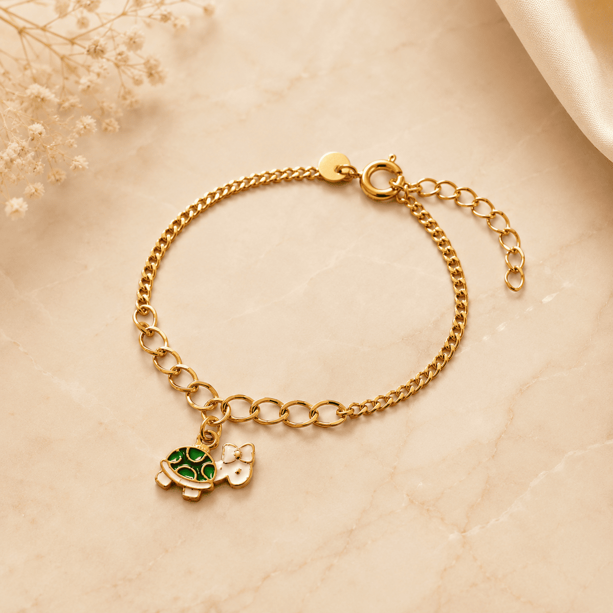 Pulseira Infantil Tartaruga Banhada a Ouro 18k - 13cm + 2cm (alongador)