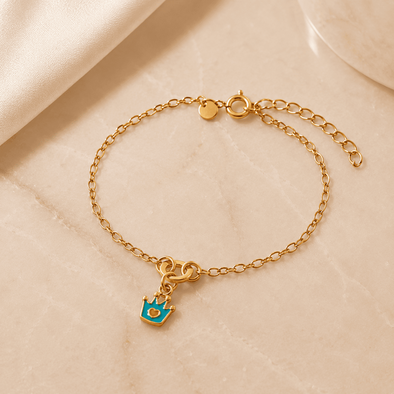 Pulseira Infantil Coroa Azul Banhada a Ouro 18k - 13,5cm + 2cm (alongador)