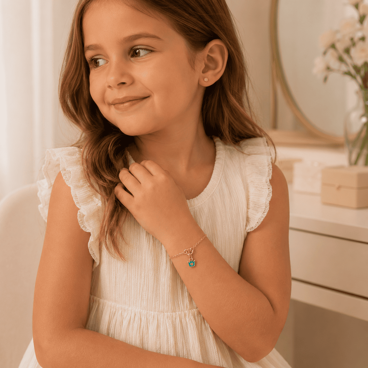 Pulseira Infantil Coroa Azul Banhada a Ouro 18k - 13,5cm + 2cm (alongador)
