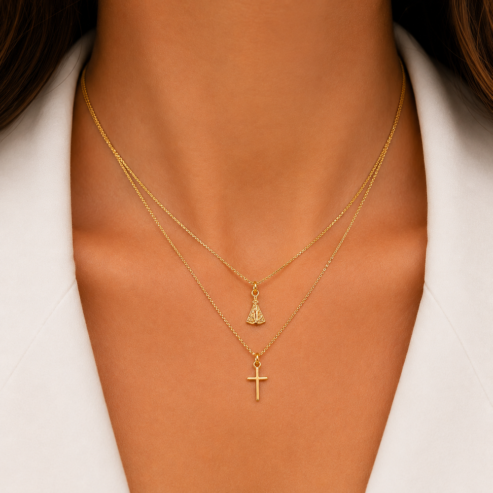 Colar Duplo Nossa Senhora e Cruz Banhada a Ouro 18k - 45cm + 5cm (Alongador)