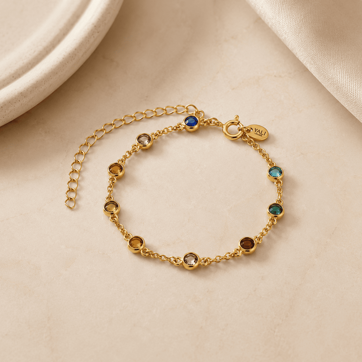 Pulseira Infantil Pedrinhas Banhada a Ouro 18k com Zircônias Coloridas - 14cm + 5cm (alongador)