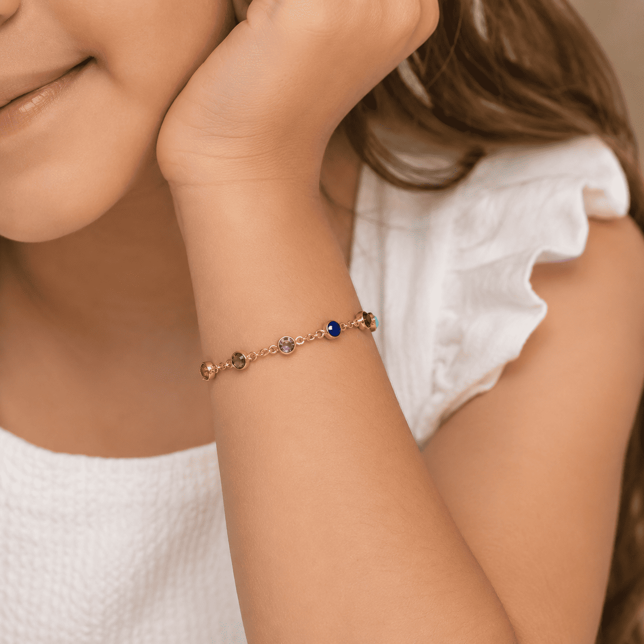 Pulseira Infantil Pedrinhas Banhada a Ouro 18k com Zircônias Coloridas - 14cm + 5cm (alongador)