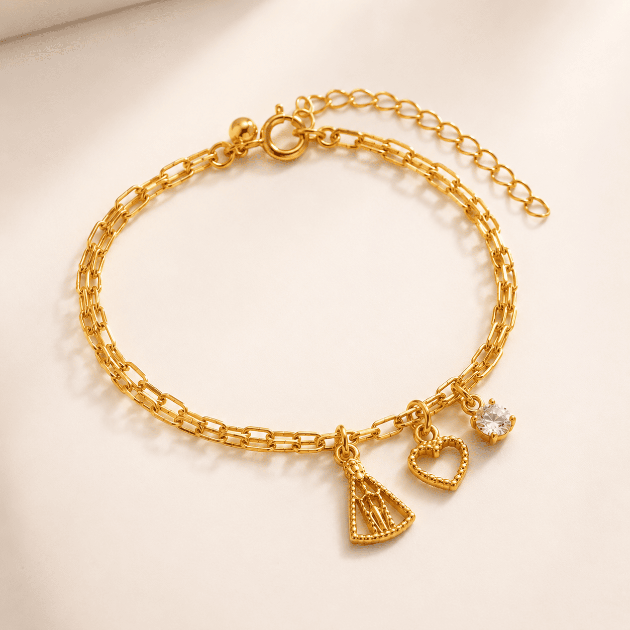 Pulseira Dupla Nossa Senhora com Coração e Zircônia Banhada a Ouro 18k - 16cm + 5cm (alongador)
