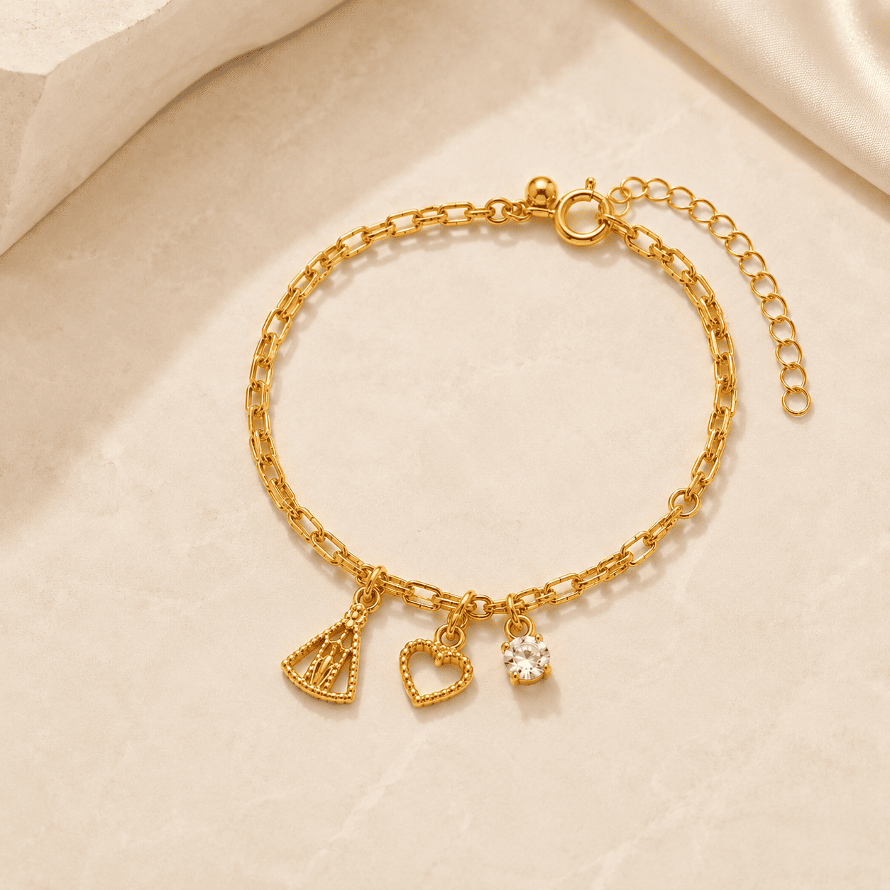 Pulseira Dupla Nossa Senhora com Coração e Zircônia Banhada a Ouro 18k - 16cm + 5cm (alongador)