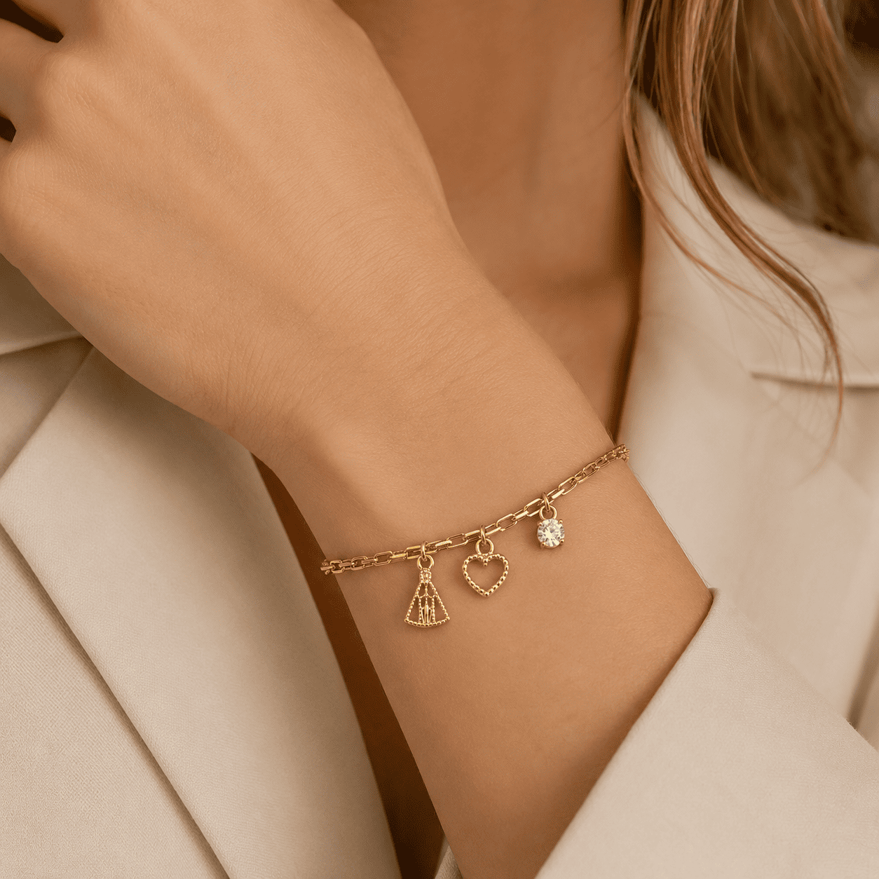 Pulseira Dupla Nossa Senhora com Coração e Zircônia Banhada a Ouro 18k - 16cm + 5cm (alongador)