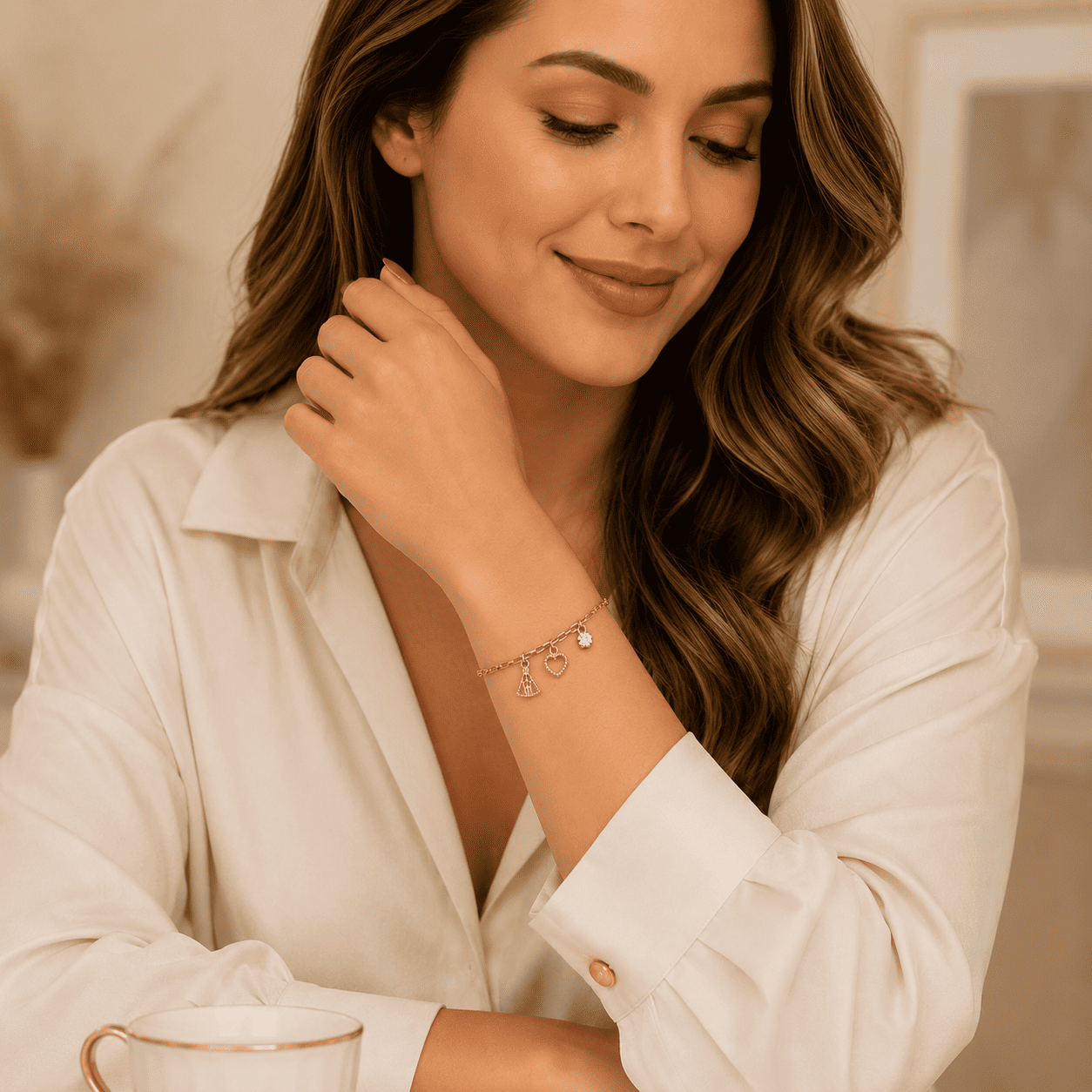 Pulseira Dupla Nossa Senhora com Coração e Zircônia Banhada a Ouro 18k - 16cm + 5cm (alongador)