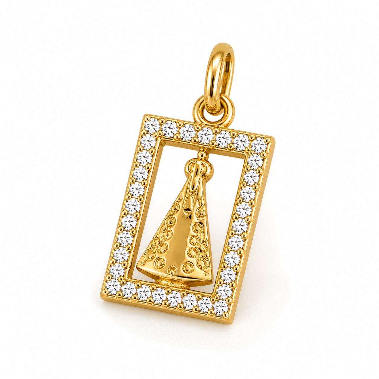 Pingente Nossa Senhora com Moldura Cravejada Banhado a Ouro 18k com Zircônias