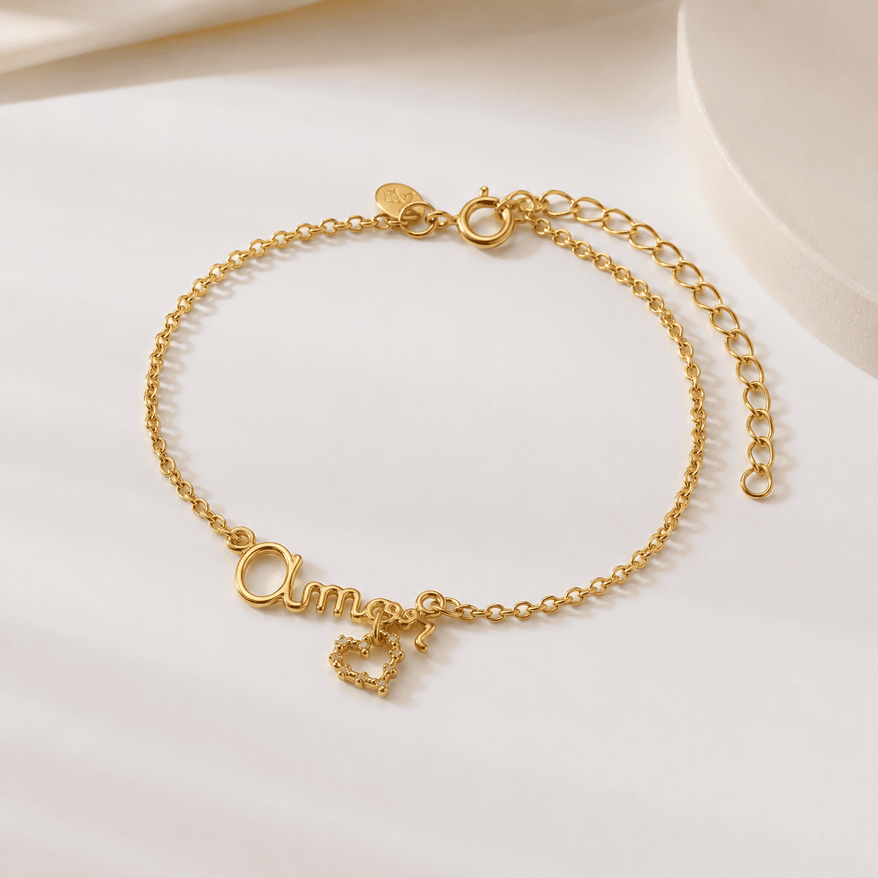 Pulseira Amor e Coração Banhada a Ouro 18k com Zircônias - 17cm + 5cm (alongador)