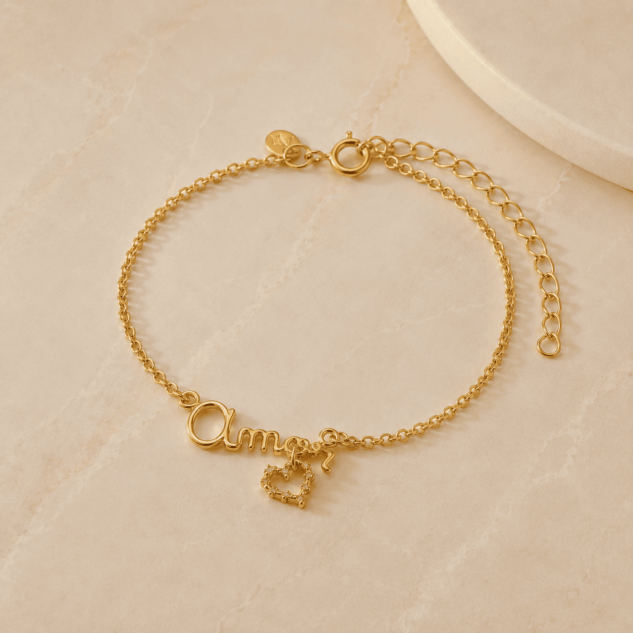Pulseira Amor e Coração Banhada a Ouro 18k com Zircônias - 17cm + 5cm (alongador)