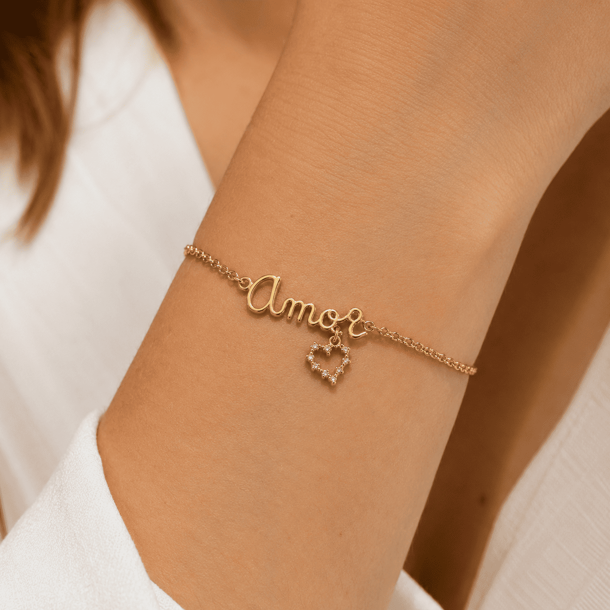 Pulseira Amor e Coração Banhada a Ouro 18k com Zircônias - 17cm + 5cm (alongador)