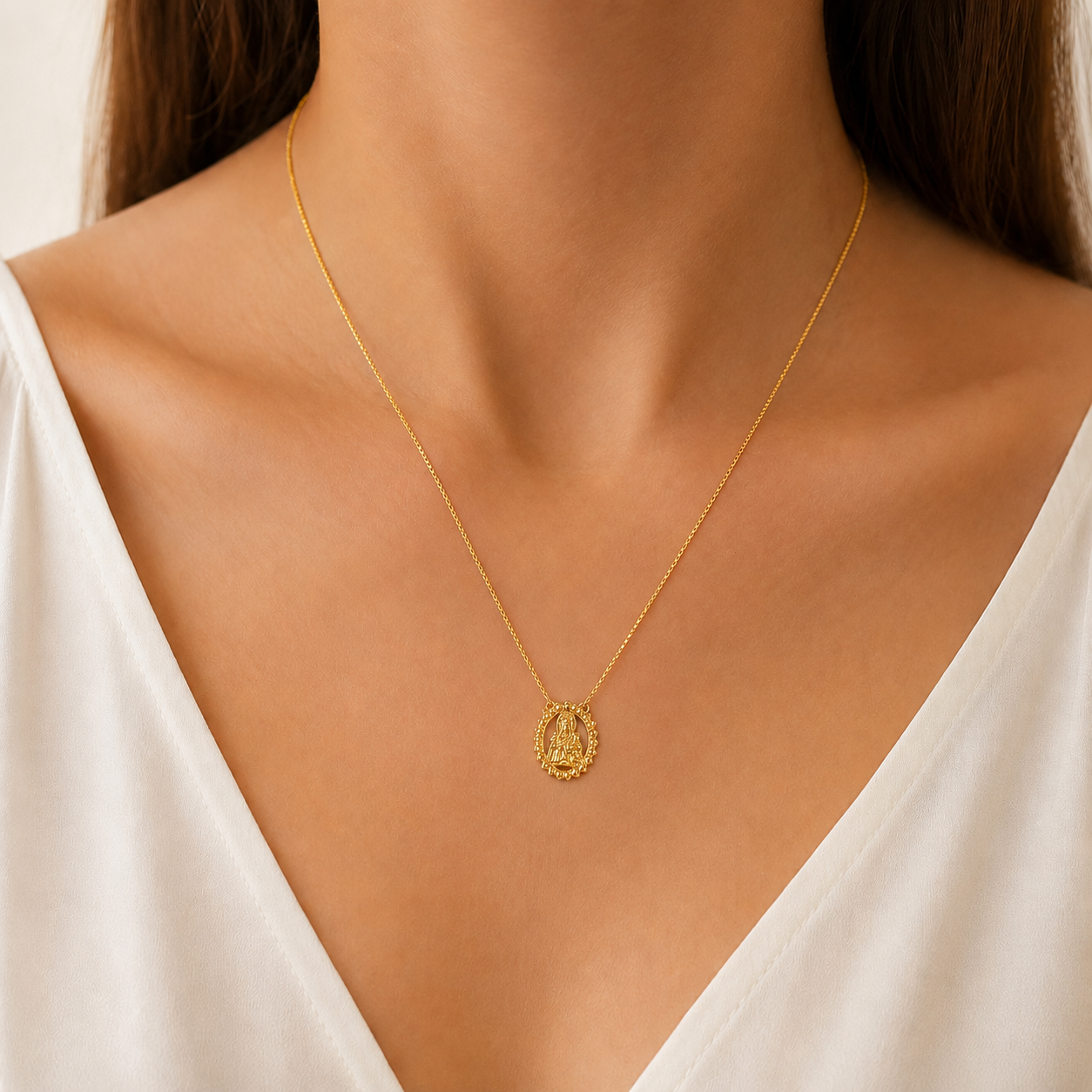 Colar Escapulário Medalha Sagrado Coração e Nossa Senhora do Carmo Banhada a Ouro 18k - 60cm