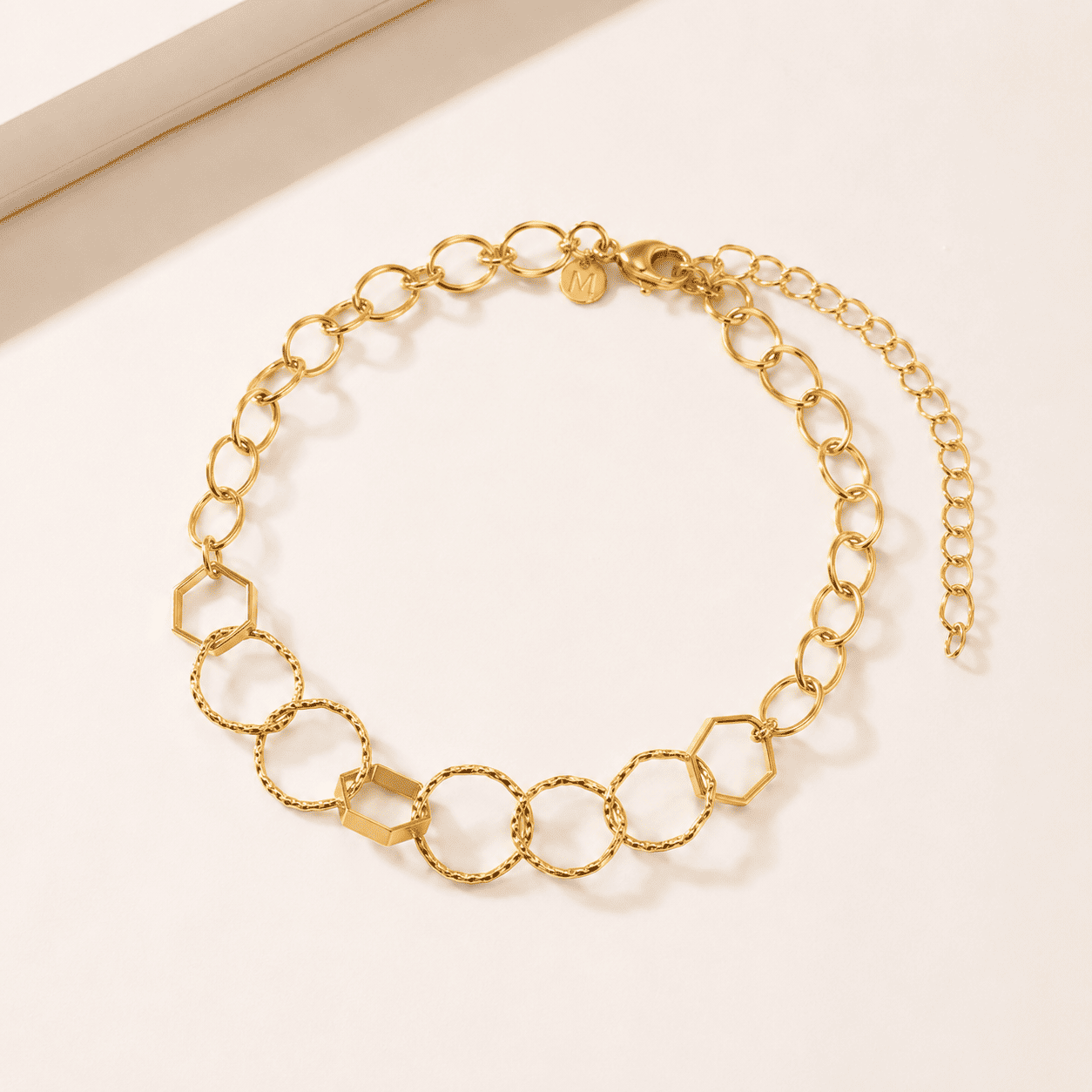 Pulseira Elos Geométricos Intercalados Banhada a Ouro 18k - 18cm + 5cm (alongador)