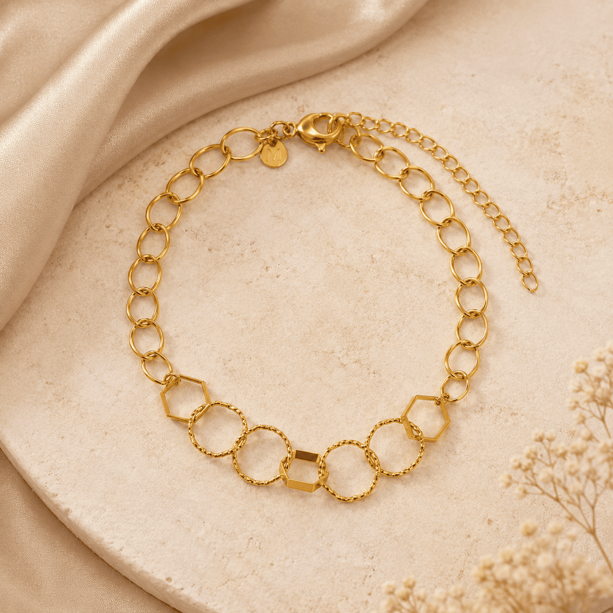 Pulseira Elos Geométricos Intercalados Banhada a Ouro 18k - 18cm + 5cm (alongador)