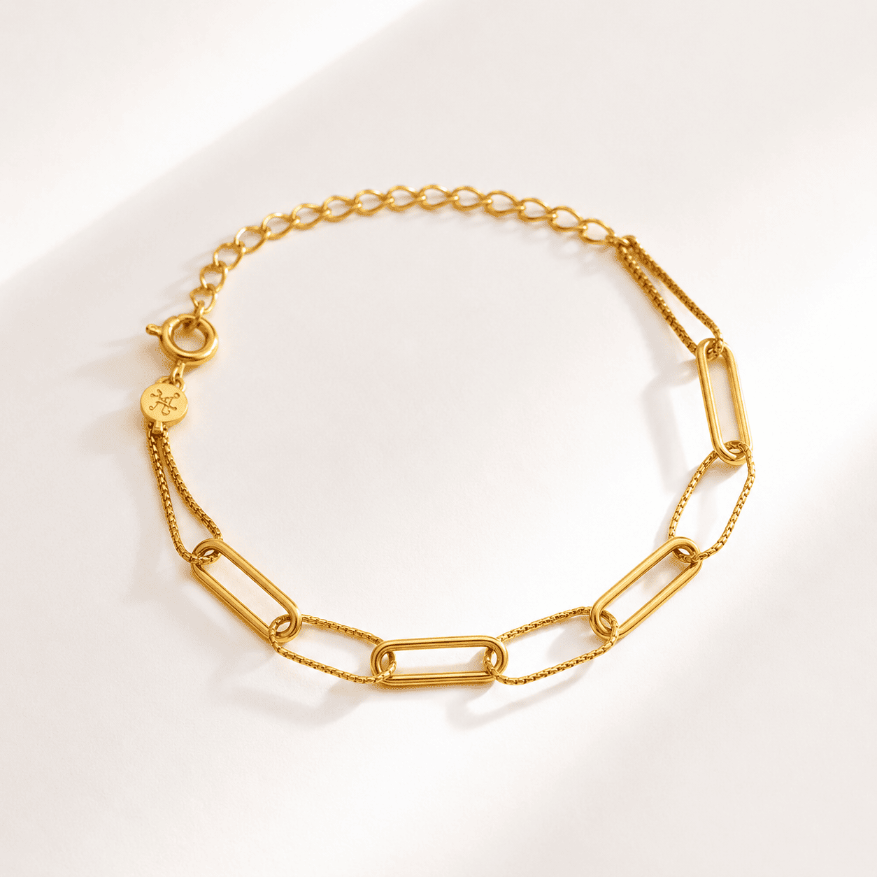 Pulseira Elos Retangulares Lisos e Trabalhados Banhada em Ouro 18k - 14cm + 5cm (alongador)