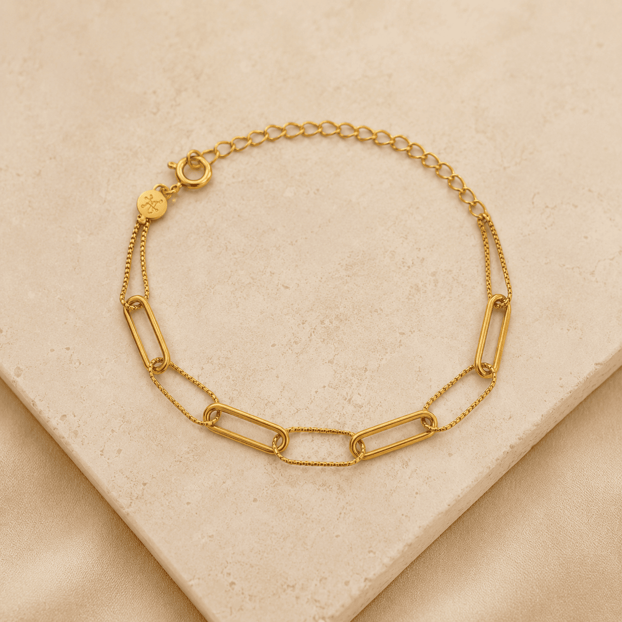 Pulseira Elos Retangulares Lisos e Trabalhados Banhada em Ouro 18k - 14cm + 5cm (alongador)