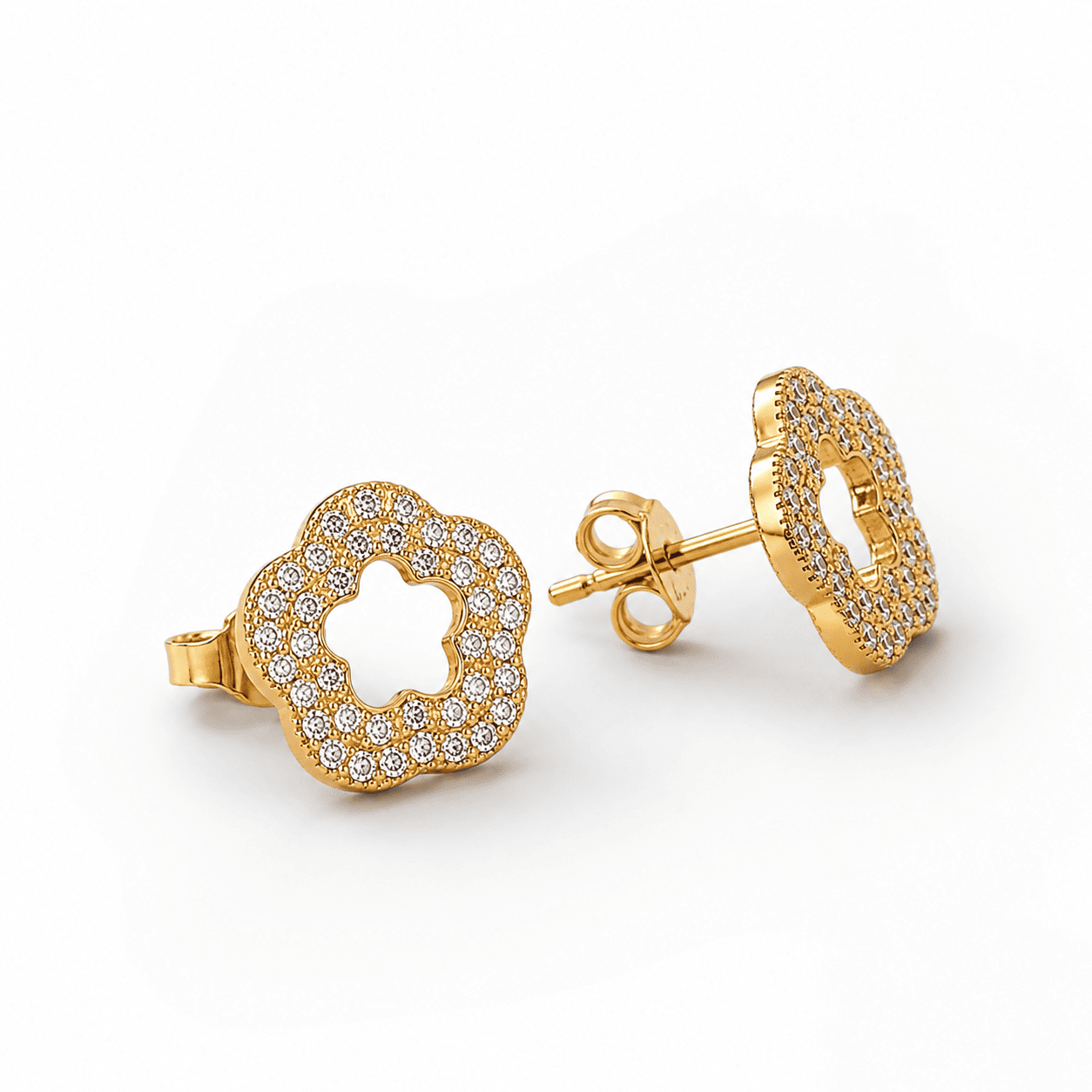 Brinco Flor Vazada Banhado a Ouro 18k com Zircônias - 1,3cm