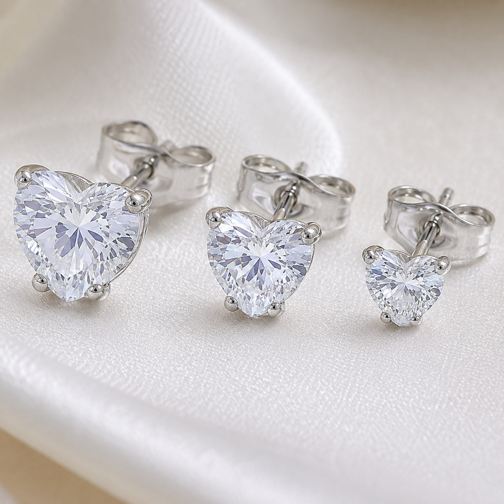Trio de Brincos Coração Prata 925 Zircônia