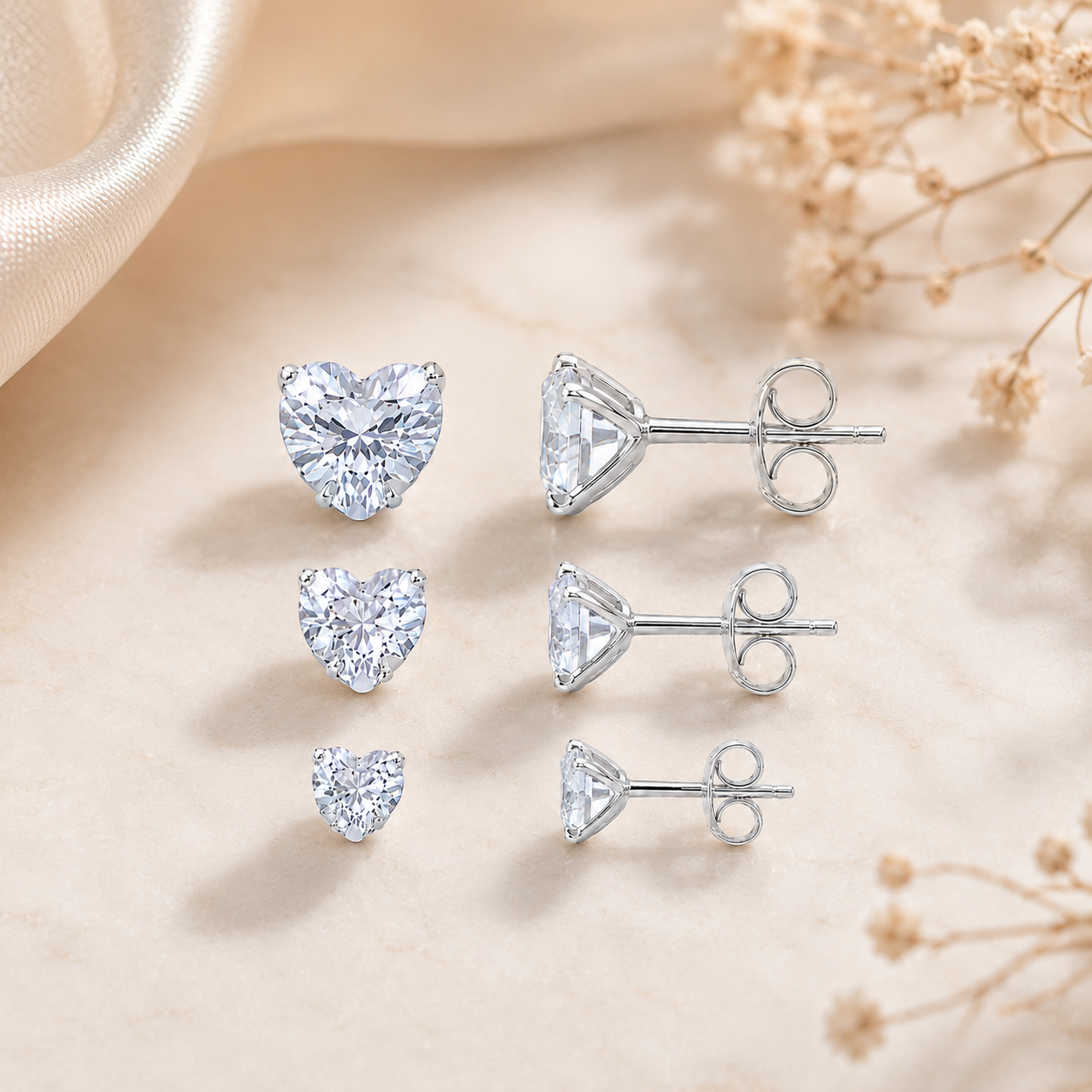 Trio de Brincos Coração Prata 925 Zircônia