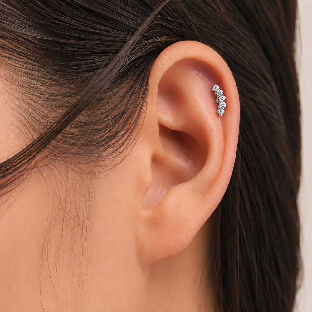 Piercing Flat Prata 925 + Aço Cirúrgico com Zircônias - 1 cm