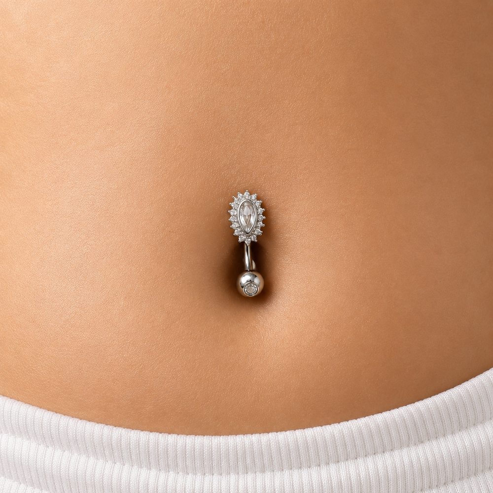 Piercing Umbigo Gota Cravejada Prata 925 + Aço Cirúrgico com Zircônias - 2 cm