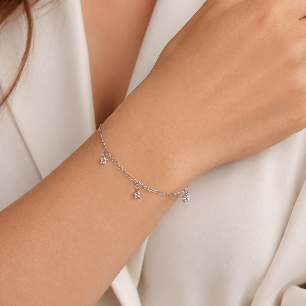 Pulseira Estrelas Prata 925 com Zircônias Rosa - 16cm + 2cm (Alongador)