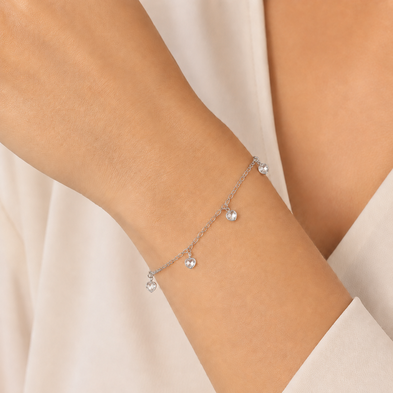 Pulseira Coração em Zircônia Prata 925 com Zircônias - 16 cm + 2 cm (Alongador)