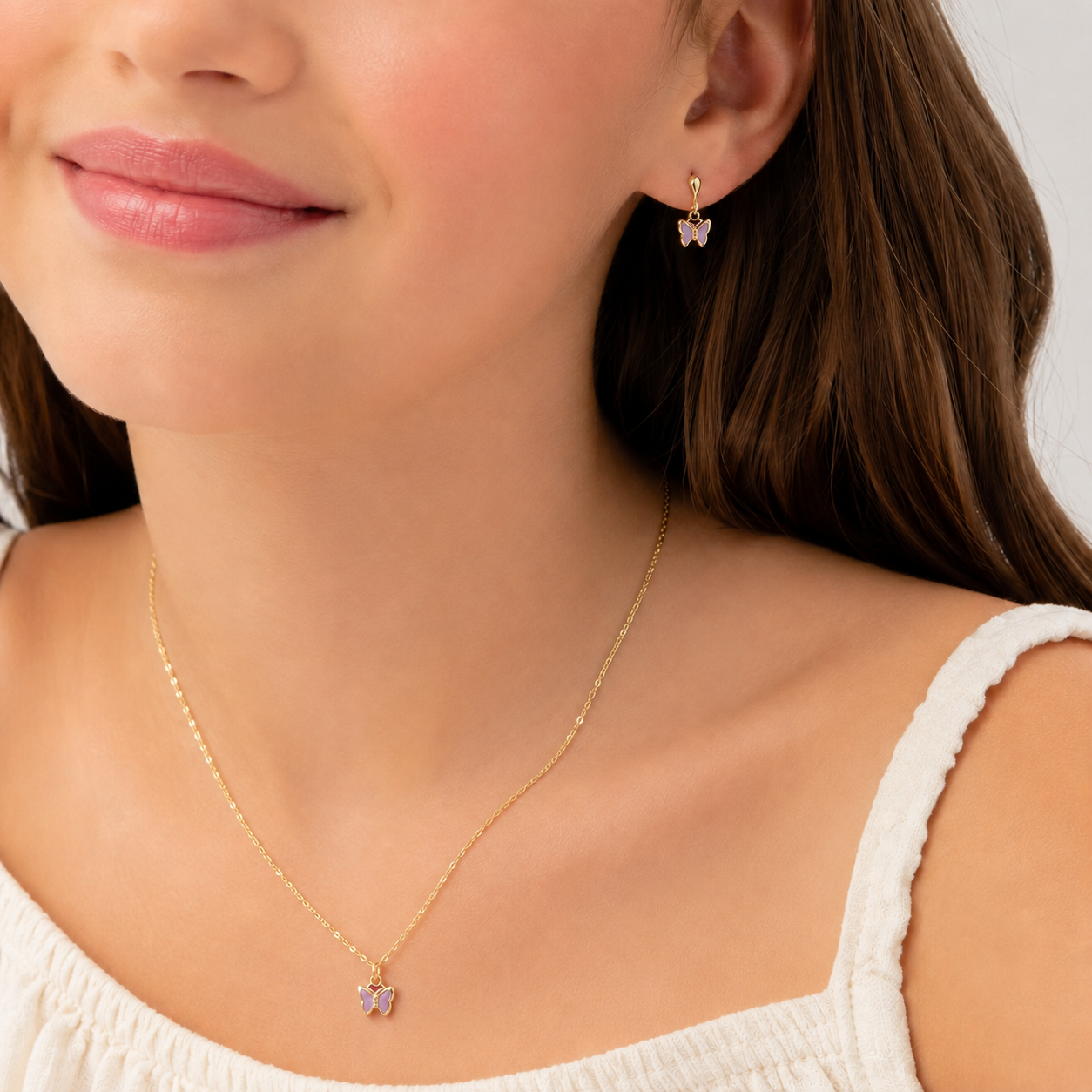 Conjunto Infantil Borboleta Lilás Banhado a Ouro 18k com Zircônias Lilás - 7mm