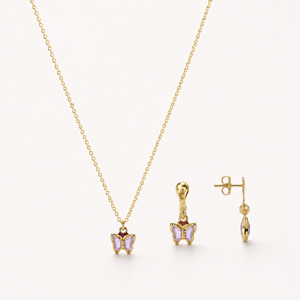Conjunto Infantil Borboleta Lilás Banhado a Ouro 18k com Zircônias Lilás - 7mm