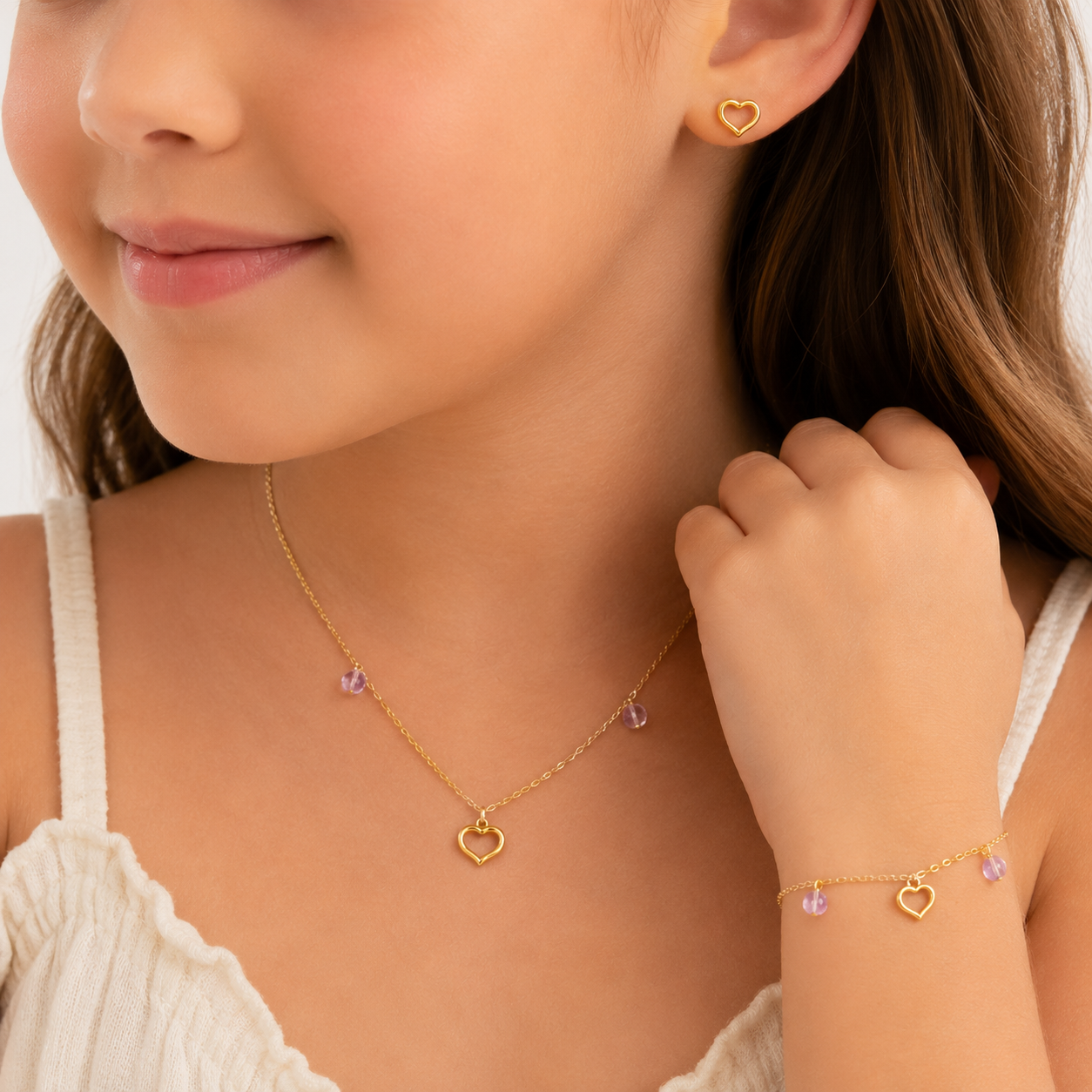 Conjunto Kit Infantil Coração Banhado a Ouro 18k com Zircônia Rosa (Brinco + Colar + Pulseira)  - 1cm