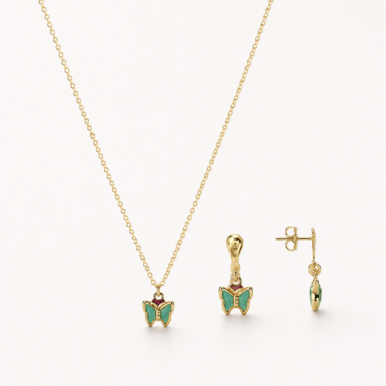 Conjunto Infantil Borboleta Verde Banhado a Ouro 18k com Zircônias Verde - 7mm