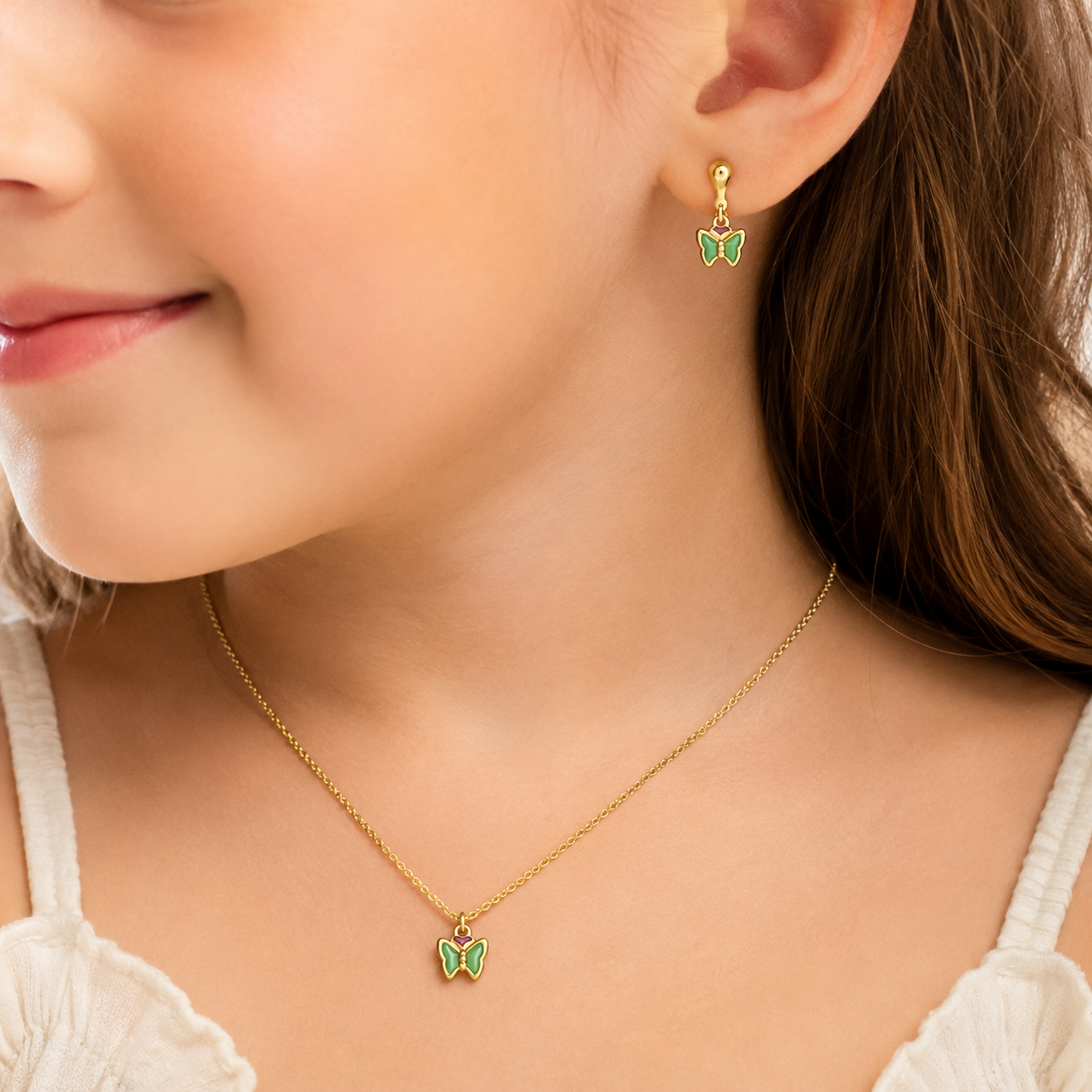 Conjunto Infantil Borboleta Verde Banhado a Ouro 18k com Zircônias Verde - 7mm