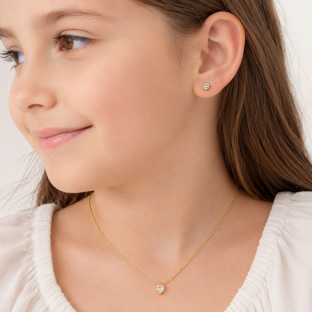 Conjunto Infantil Coração Banhado a Ouro 18k com Zircônia - 4mm
