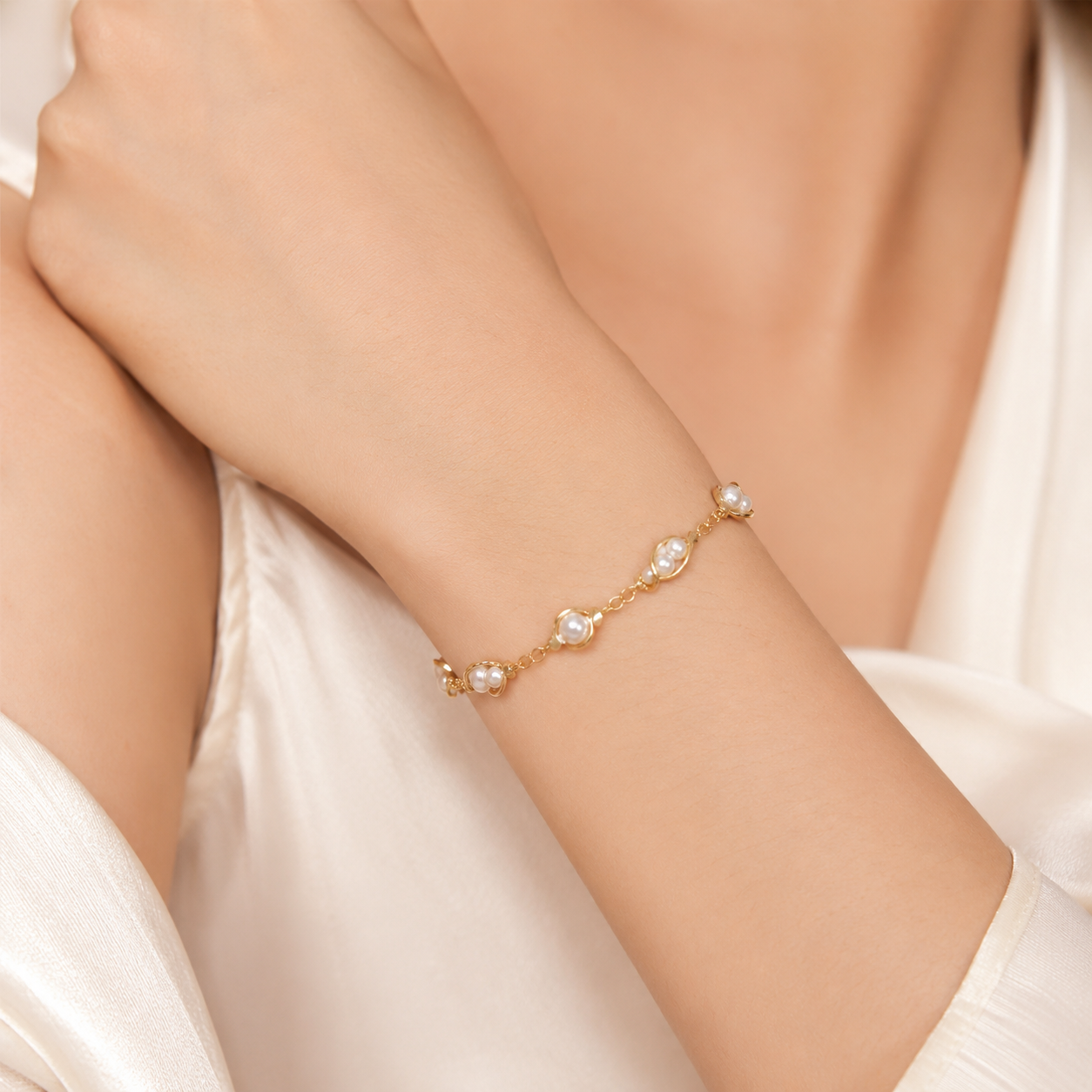 Pulseira Pérola Intercalada com Fios Dourados Banhada em Ouro 18k