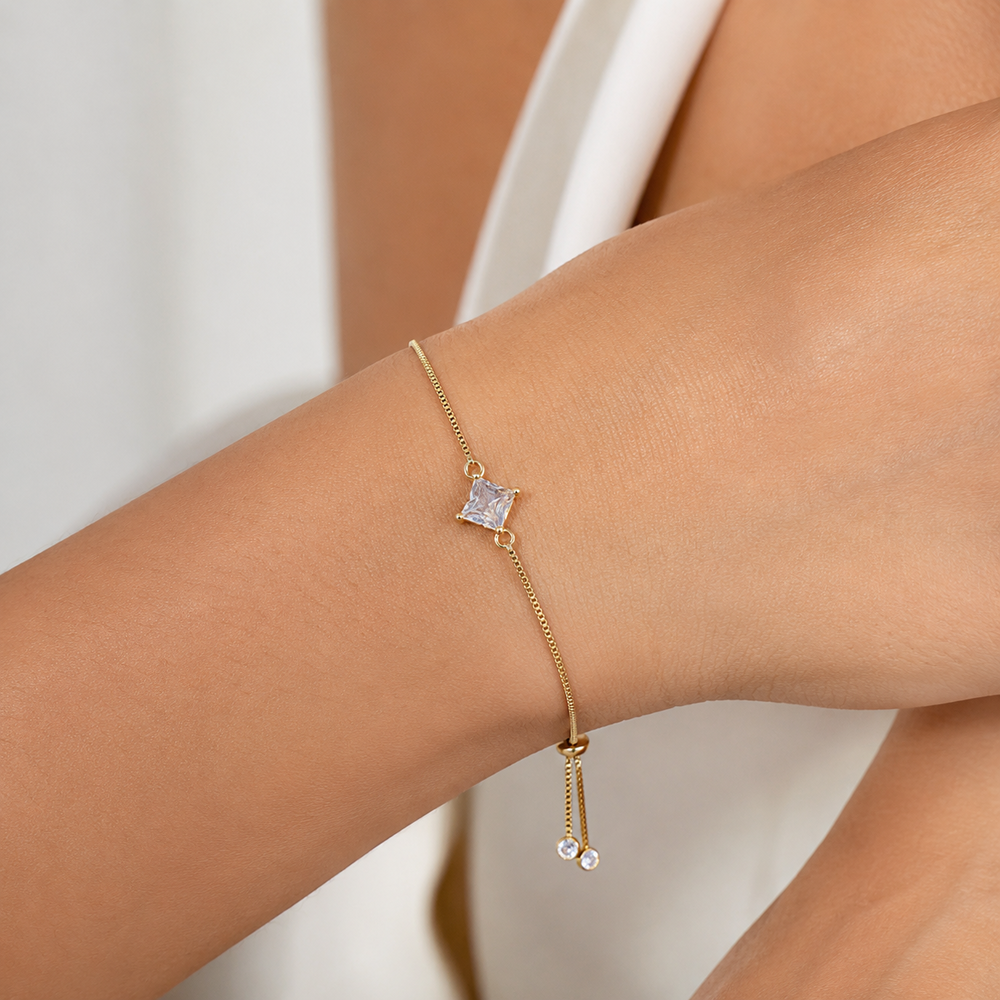 Pulseira Veneziana Pedra Quadrada Gravatinha Banhada a Ouro 18k com Zircônias
