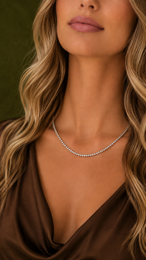 COLAR RÓDIO BRANCO LUXO RIVIERA 2MM 3 PONTAS ZIRCÔNIAS