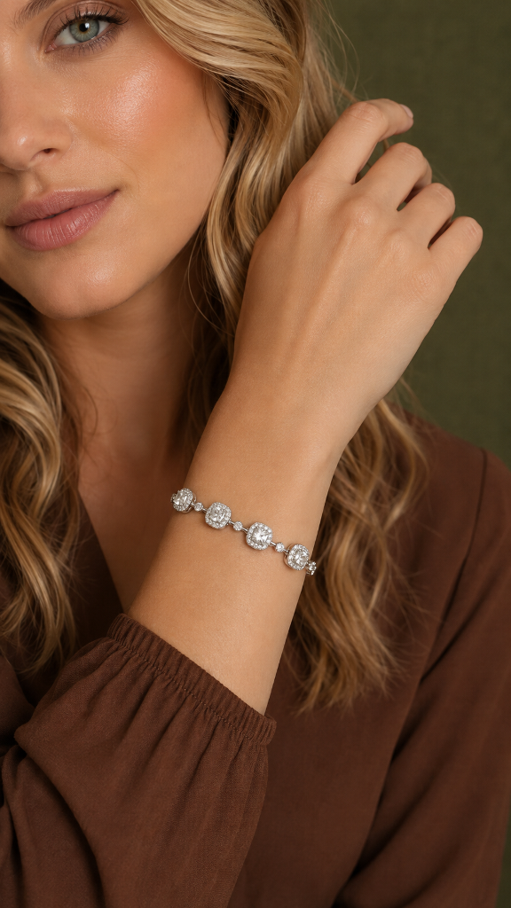 PULSEIRA RÓDIO BRANCO LUXO QUADRADA ZIRCÔNIAS