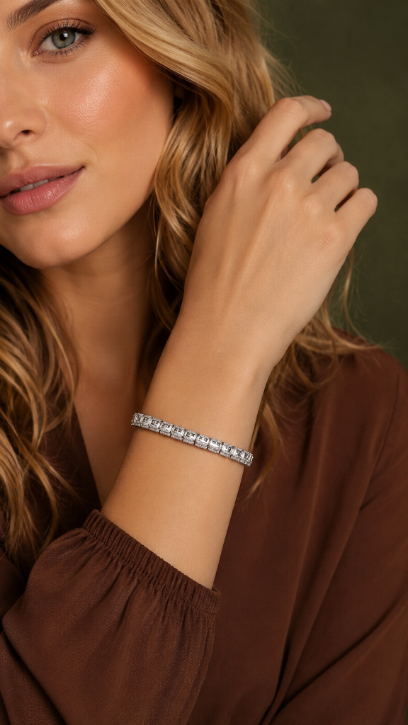 PULSEIRA RÓDIO BRANCO LUXO PEDRA RETANGULAR ZIRCÔNIAS