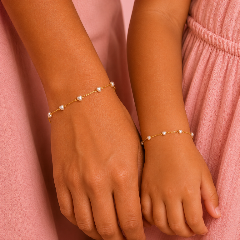 PULSEIRA OURO KIT CORAÇÃO PÉROLA MÃE E FILHA