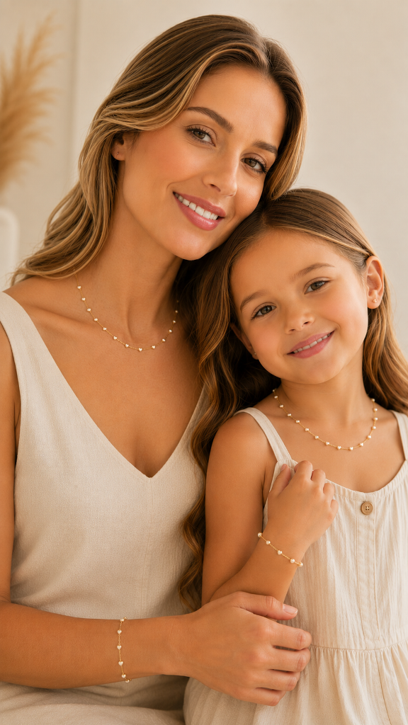 PULSEIRA OURO KIT CORAÇÃO PÉROLA MÃE E FILHA