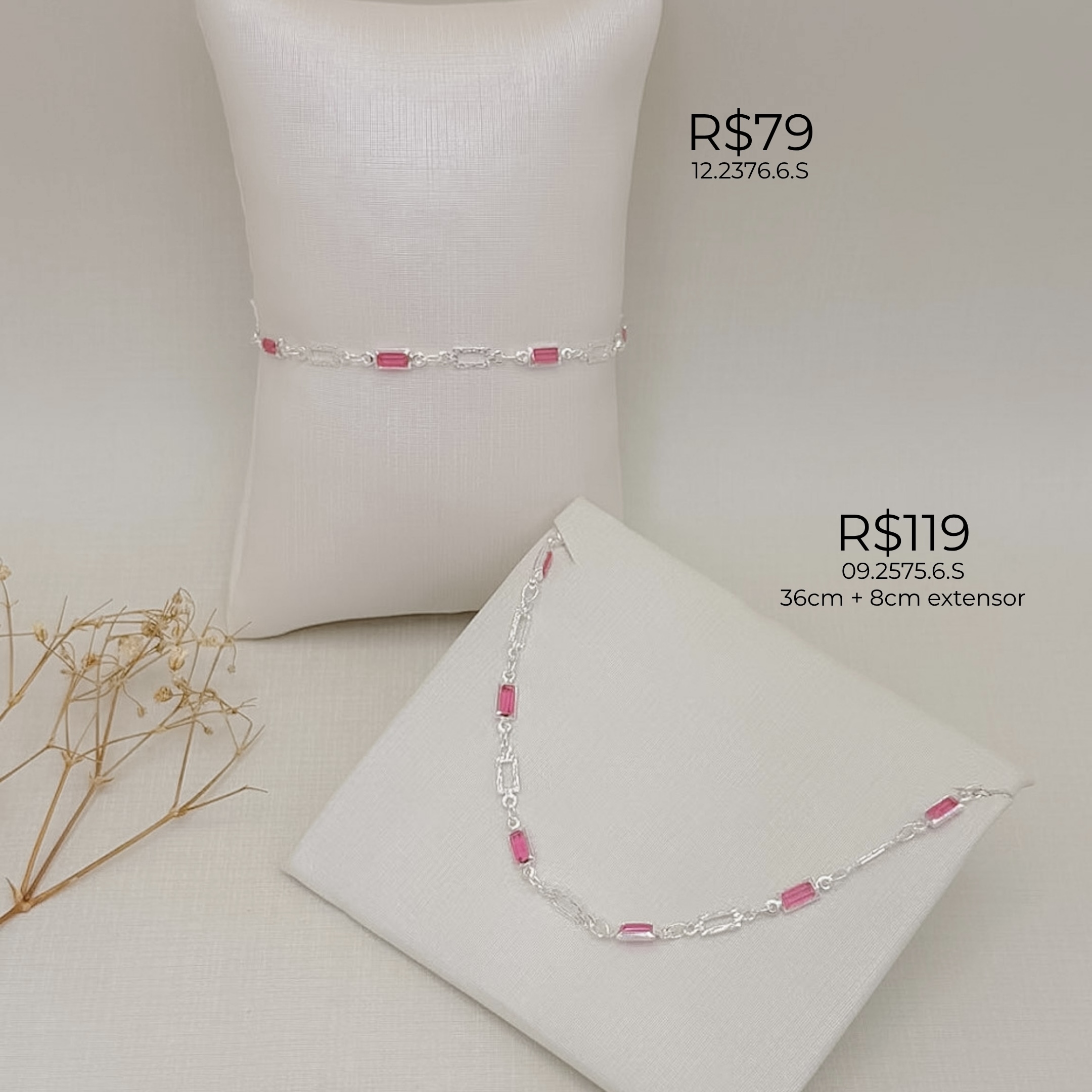 12.2376.6.S - Pulseira com elos retangular liso e pedras baguetes em ingles