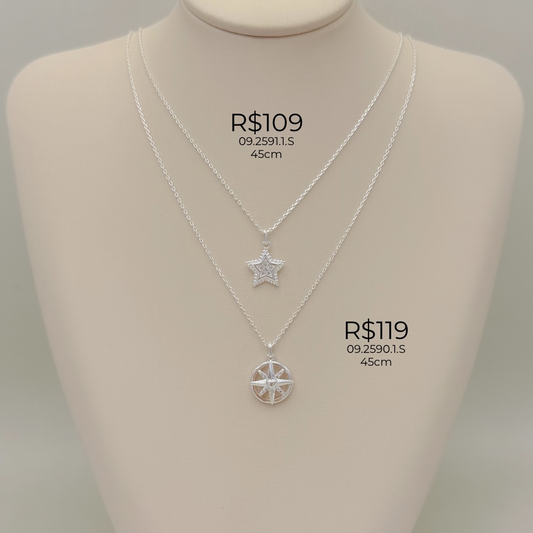 09.2591.1.S - (45) Colar em cartier com pingente de estrela com central cravejada e borda larga em efeito spikes
