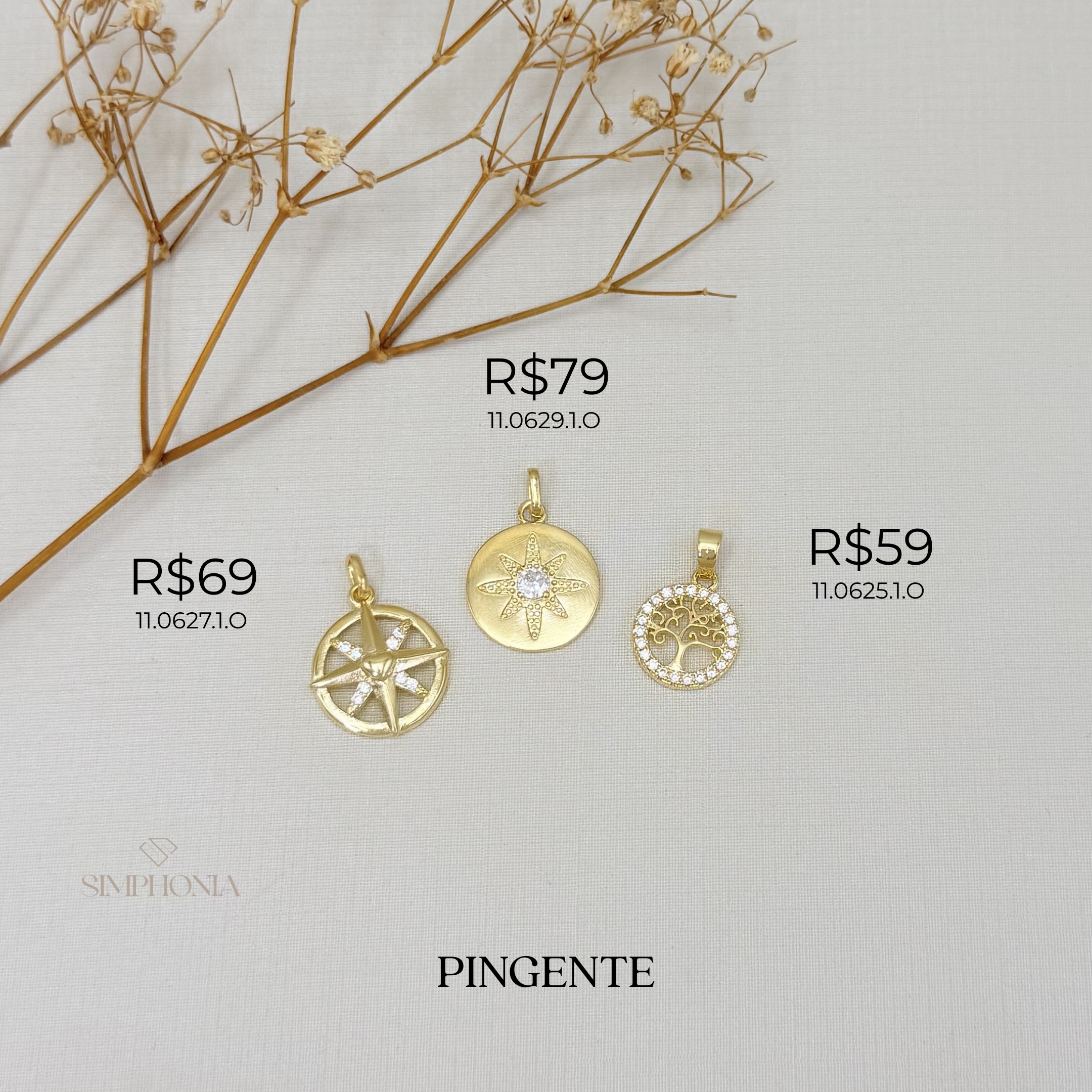 11.0627.1.O - Pingente de rosa dos ventos com coração central lisos e pontas intercaladas