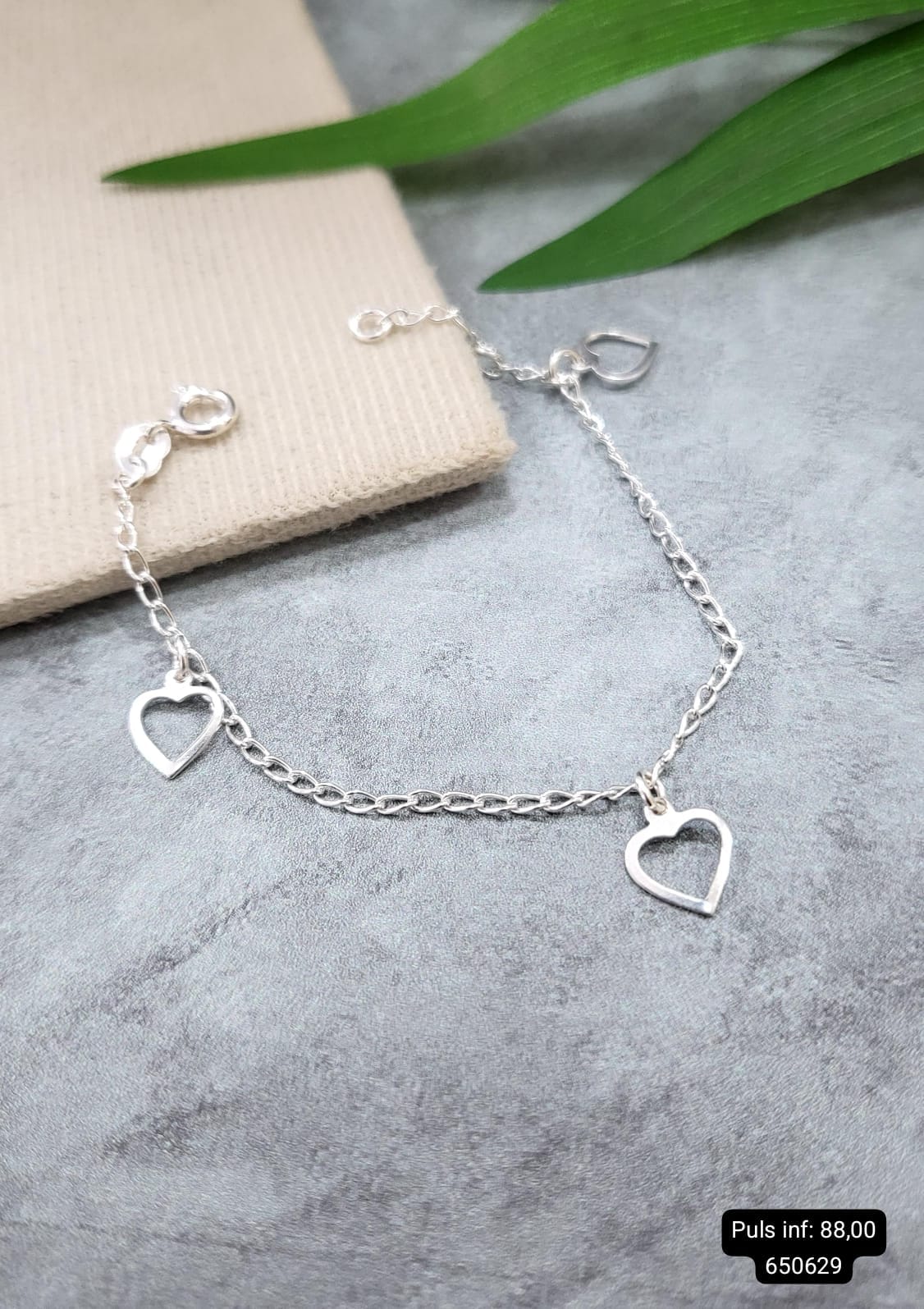 Pulseira infantil com pingente tres coracoes vazados prata 925 TAM15CM