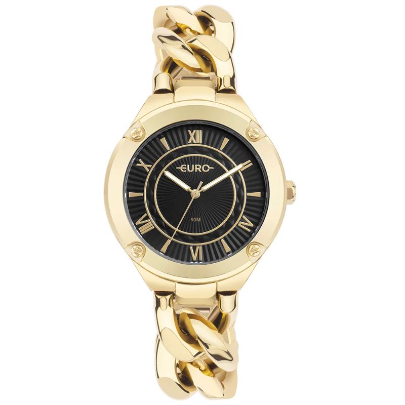 Relogio analogico caixa preta redondo feminino EU2035YTJ/4P pulseira elos dourado