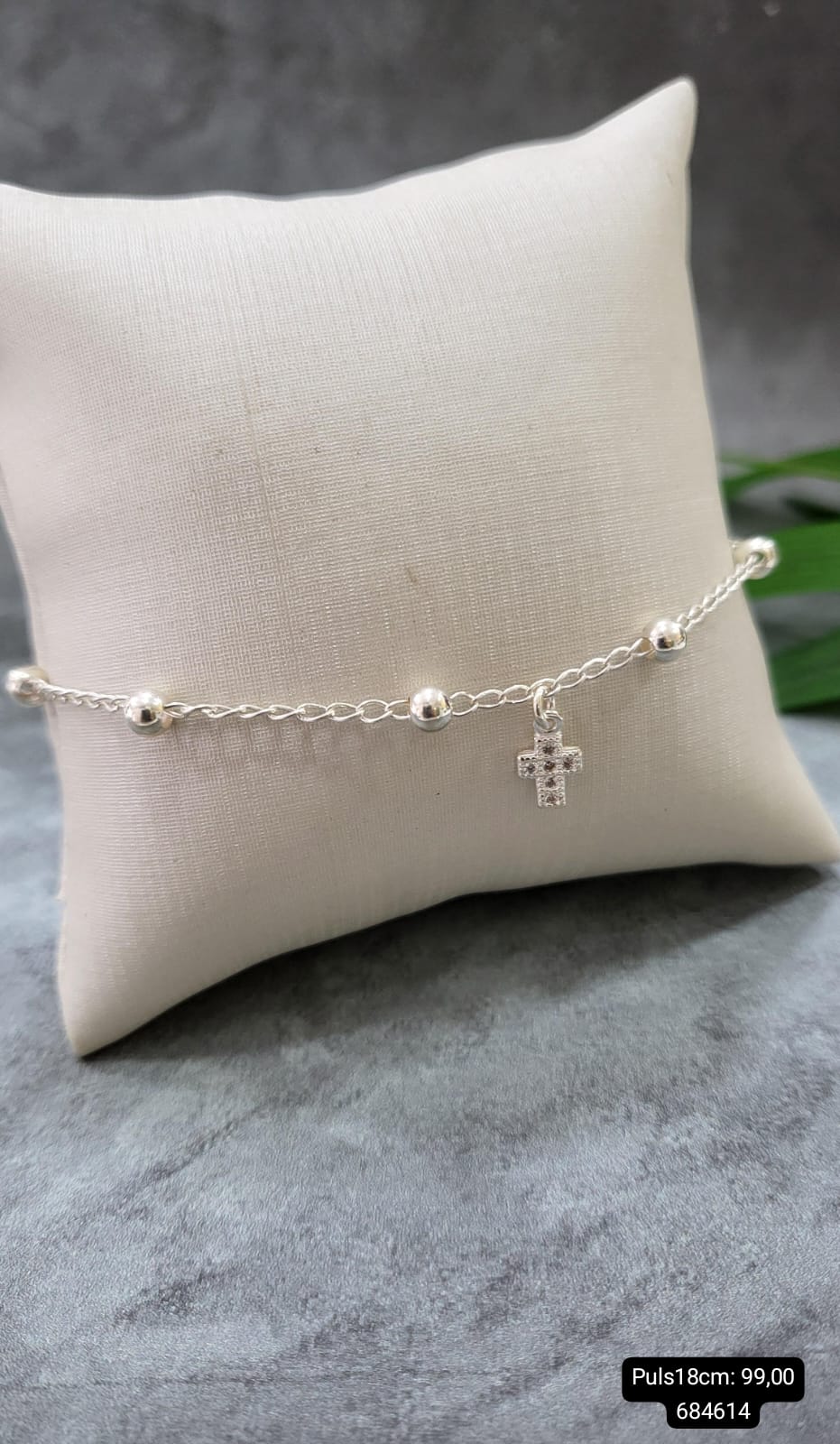 Pulseira de bolinhas com uma cruz cravejada pendurada prata 925 TAM18CM