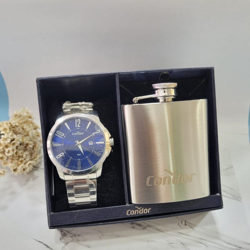 Relogio analogico cor prata CO2115MXC/K4A com mostrador azul com kit garrafa