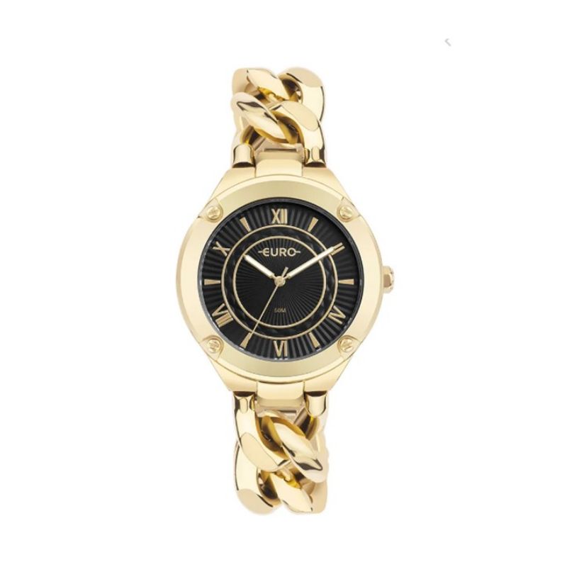 Relogio analogico caixa preta redondo feminino EU2035YTJ/4P pulseira elos dourado